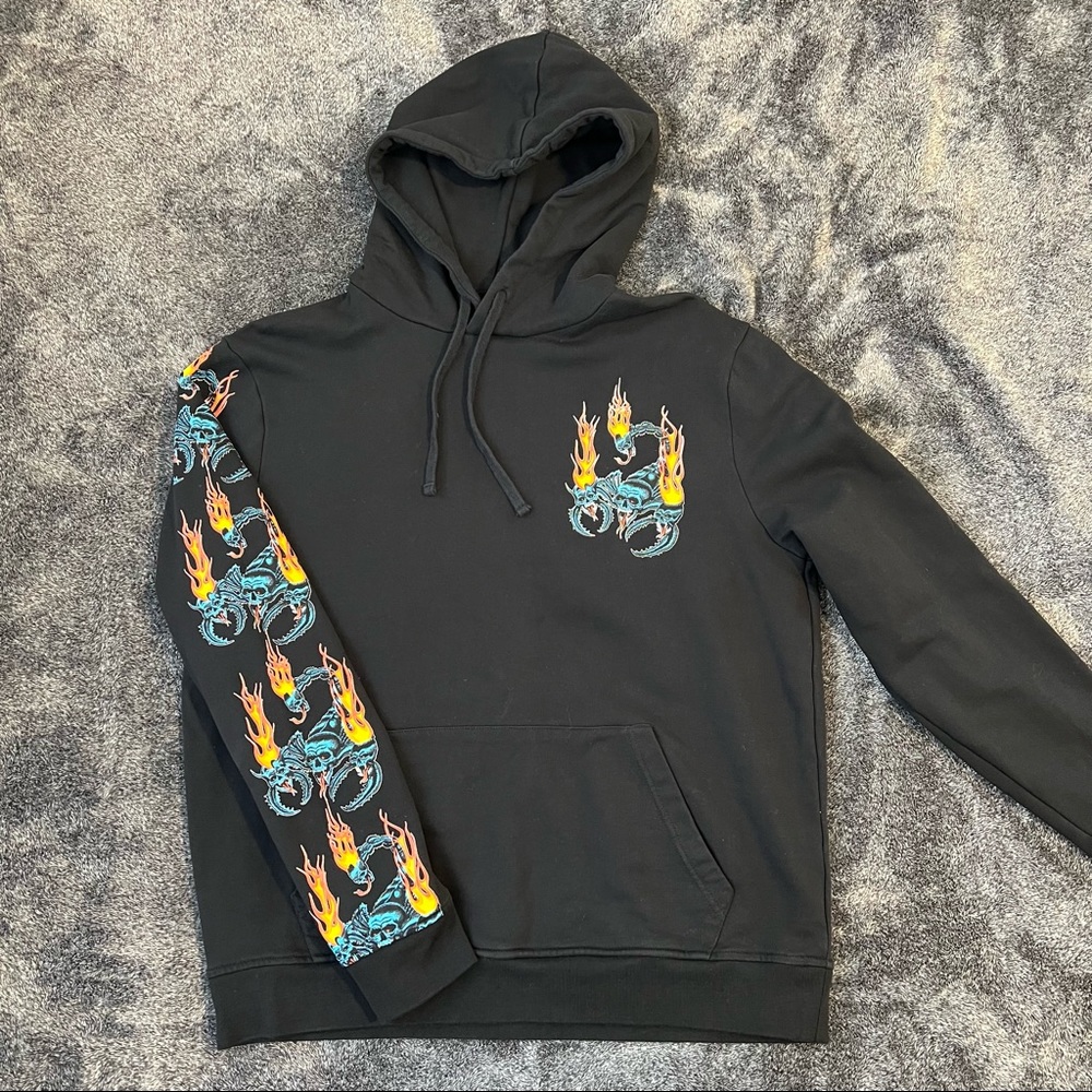 ALL SAINTS Black Hoodie Scorpion Fire Size Medium Lightly Used Rare Unique Print